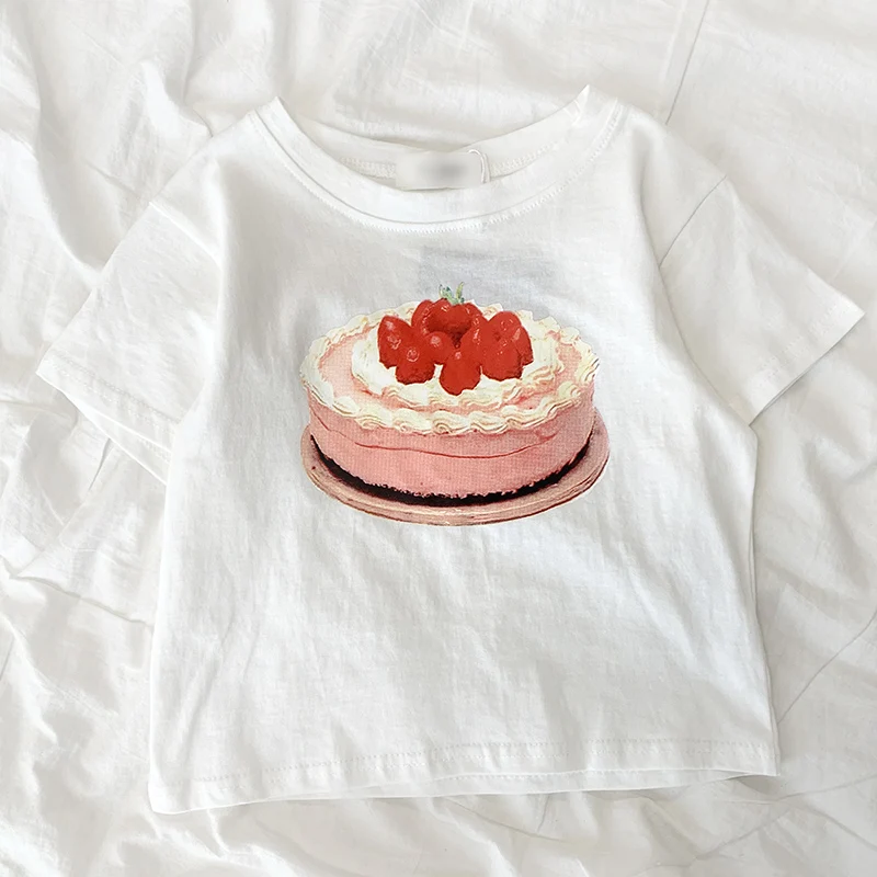 

Summer white color o-neck cake print T-shirt women
