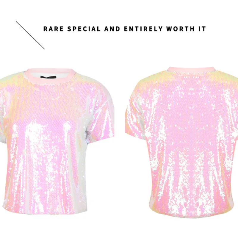 

Loose O-Neck Pink sequins T-shirt O-Neck Shirts sleeved Sparkling Tees loose Club Stage show reflection Fashion Woman Tops Pop