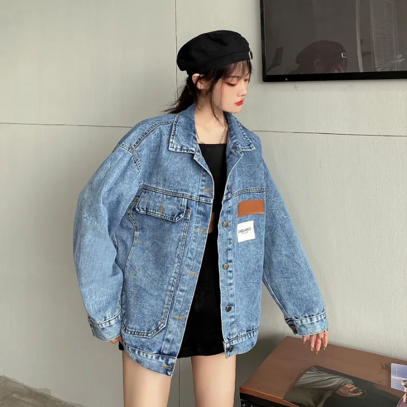Куртка женская джинсовая короткая с длинным рукавом винтажный пиджак из денима