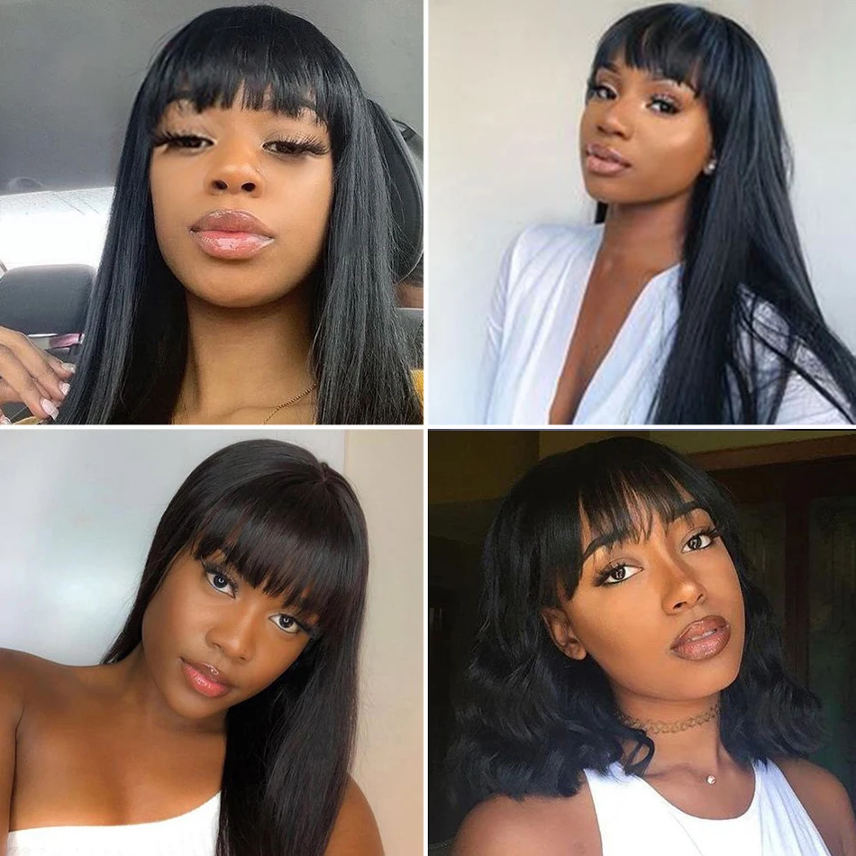 

Full Machine Made Straight Human Hair Wigs With Bangs No Lace 100% Bralizian Remy Hair 26 28 30 Inches Fringe Wigs With Bangs