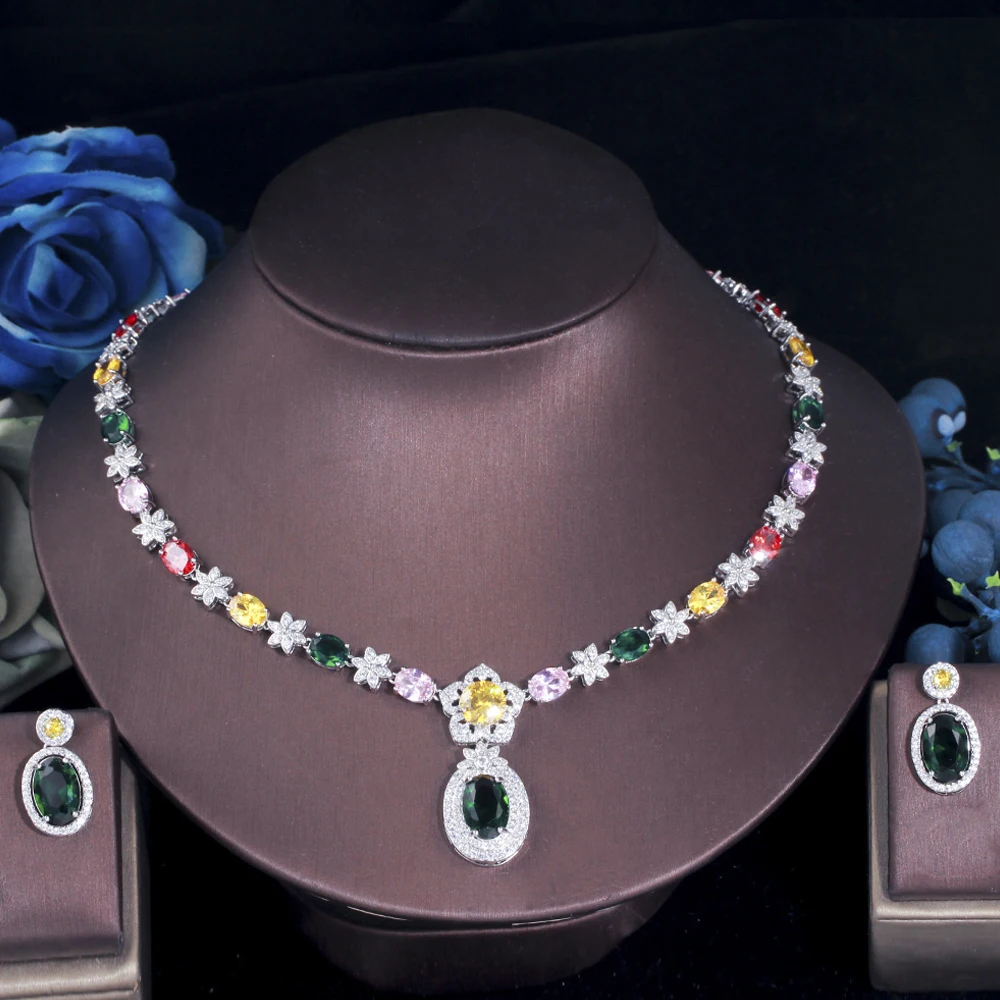 

ThreeGraces Classic Colorful CZ Crystal Necklace and Earrings Set for Women Luxury Wedding Banquet Jewelry Accessories T0634