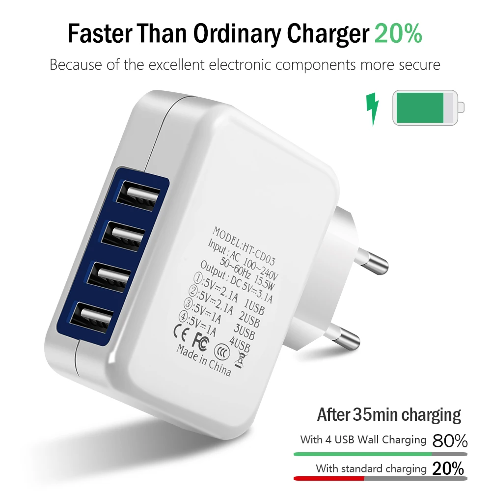 4Ports USB Smart Charger EU Plug Multiple Wall Adapter Mobile Phone Device 5V 3A Charge Fast Charging For iPhone Android tpye c |