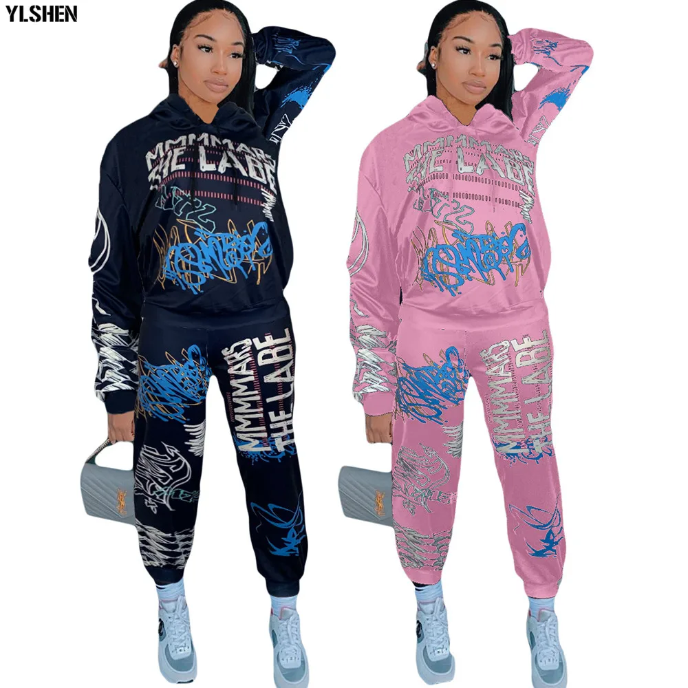 

Graffiti Two 2 Piece Set Women Tracksuit Autumn Streetwear Female Hoodies Pants Women Matching Sets African Outfits Sweatsuit
