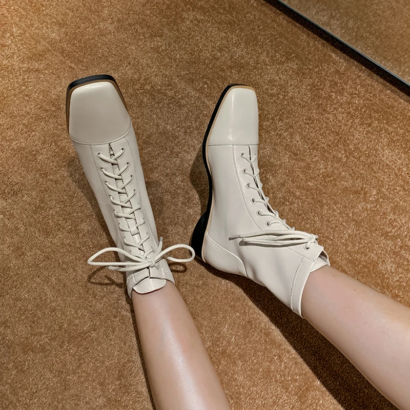 spesifikasi 2020 Musim Semi Dan Musim Gugur Baru Fashion Lace-Up Low-Heel Knight Sepatu All-Match Kulit Square Toe Sepatu Tunggal Wanita X294