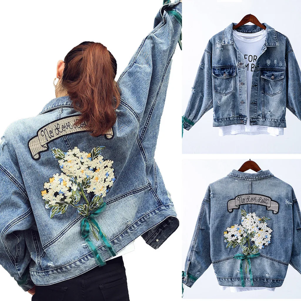 

Women Floral Embroidery Denim Coat Jacket Korean Young Beauty Vintage Jeans Coats Outwear Casual Quality Embroidery Streetwear