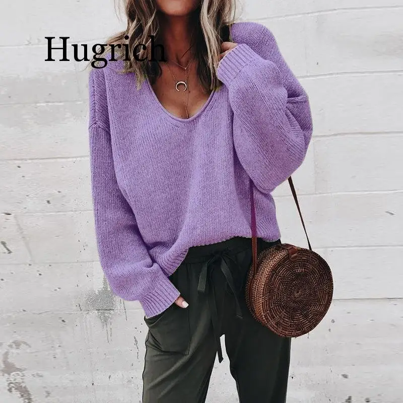 

2020 Sexy V-neck Knitted Sweaters Women Fashion Long Sleeve Casual Tops Autumn Winter Sweaters