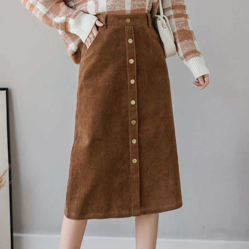 Юбка женская Вельветовая трапециевидная на пуговицах спереди с завышенной