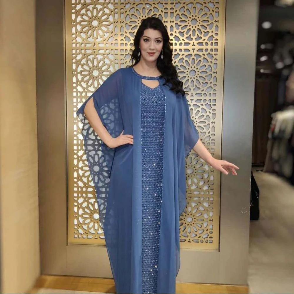 

African Dresses for Women Dashiki Sequins Diamonds Bazin Riche Batwing Sleeve Femme Robe Grown Abaya Muslim Dress with Inner