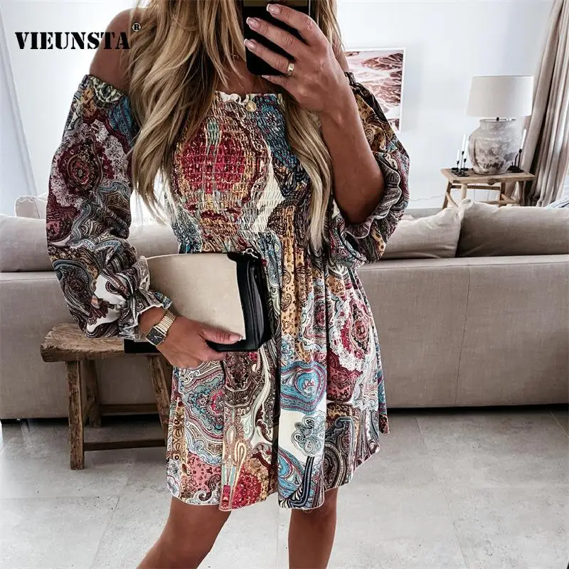 

Женское офисное платье с открытыми плечами, демисезонное мини-платье с длинным рукавом и принтом в стиле ретро