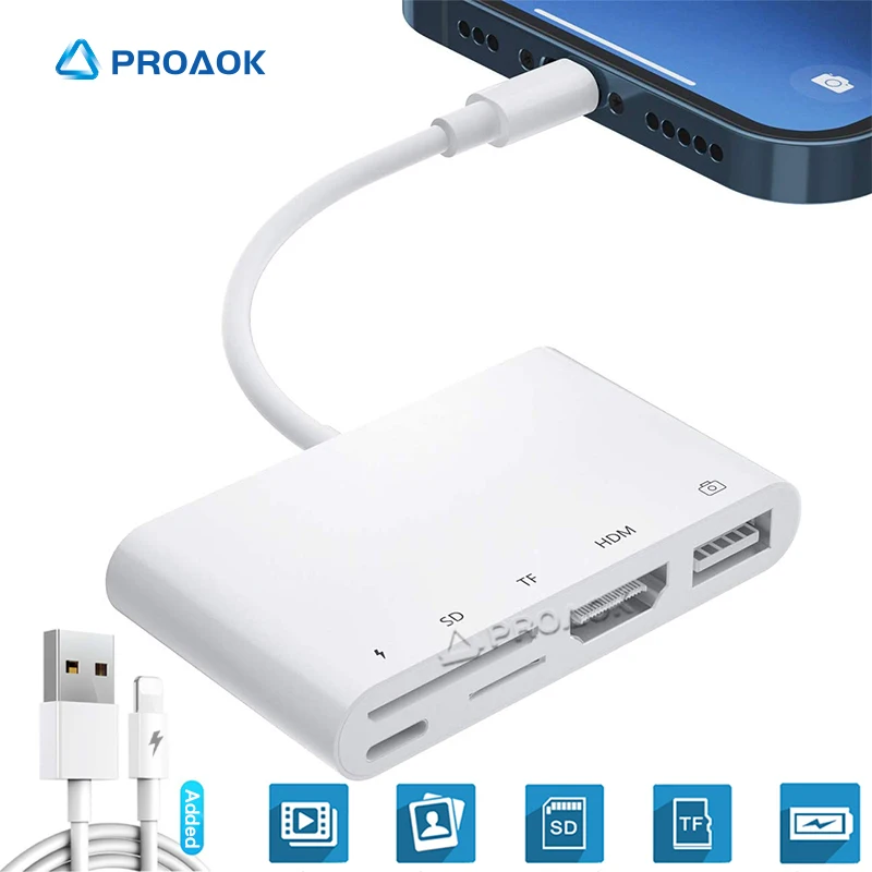 

Переходник Lightning/HDMI для камеры, USB, OTG, считыватель SD-карт для iOS14, iPhone 12, iPad, для телевизора, поддержка клавиатуры U-Disk