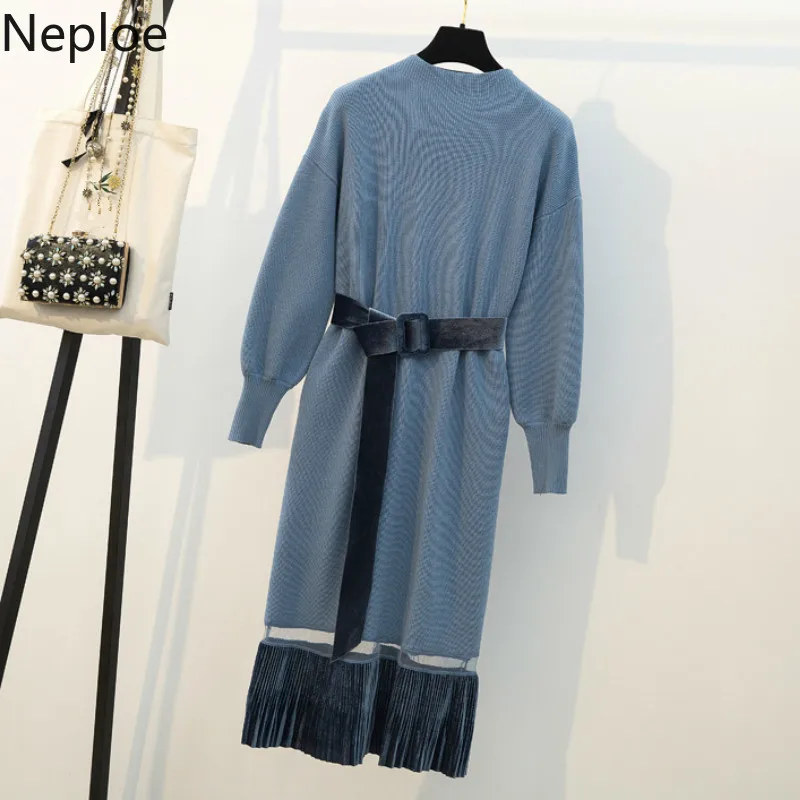 Neploe/вязаное платье-свитер с высоким воротником и шнуровкой; платье-свитер в стиле пэчворк; средней длины; плиссированное платье; элегантные вечерние платья; ropa mujer 46670