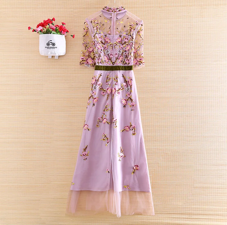 

High-end Summer Women Long Dresses Embroidery Elegant Lady Slim A-line Party Embroidered Half Sleeve Mesh Dress S-XL