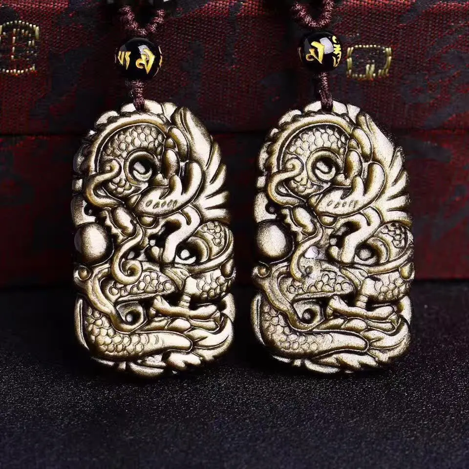 Кулон-талисман "Денежный дракон" из натурального золотистого обсидиана в сочетании с ювелирными аксессуарами, ручной работы, символом удачи для мужчин.