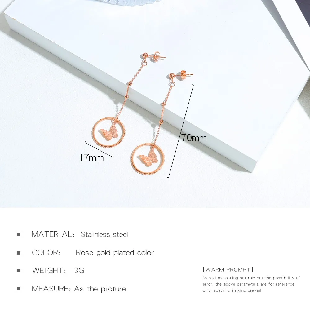 

Cyue European Frosted Butterfly Pendant Stud Earrings Fashion Stainless Steel 316L Tassel Long Style For Women