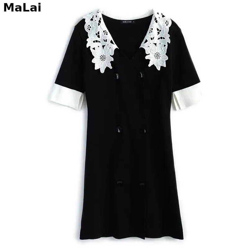 

Summer Fairycore Dress Lady Lace Patchwork Buttons Slim V-Neck Office Casual Party Knit Short Sleeve Elegant Women Vestido Dress