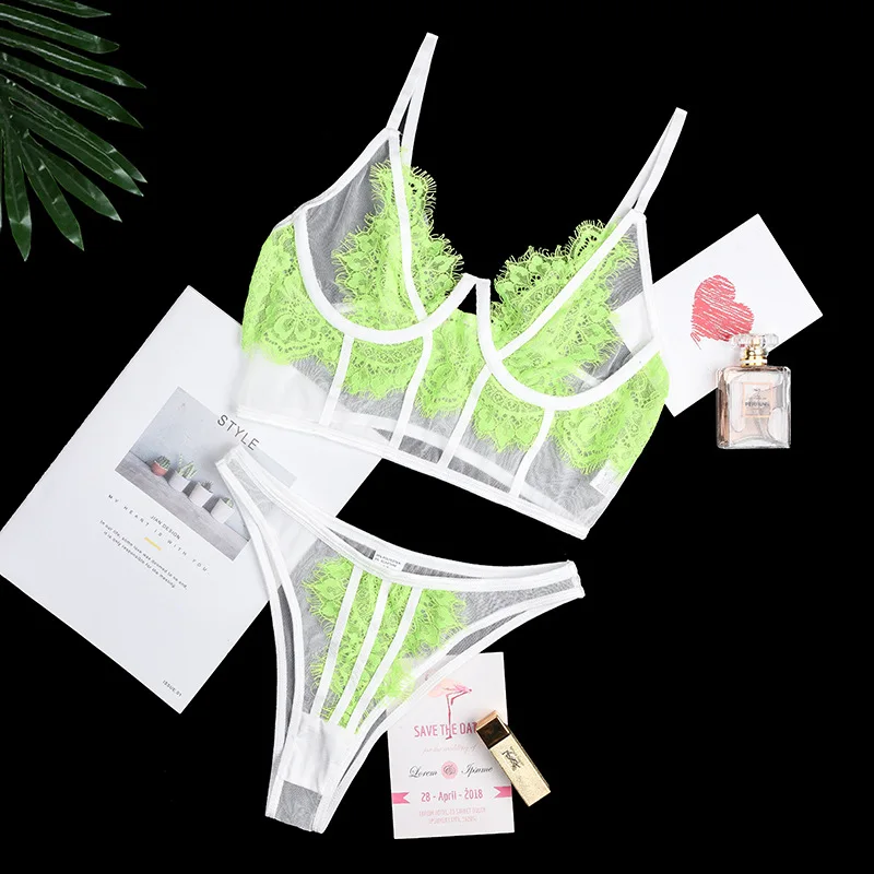 

Buuuu Women's Underwear Bodycon Lingerie Set Pink Floral Fluorescent Lace Bra and Panty