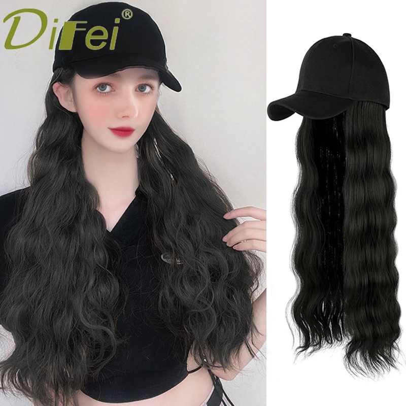 Synthetic long Corn Whisker Wig With Hat Hair Natural Black Long Curly With Peaked Cap Womens Party Wear Heat-resistant Hat Wig