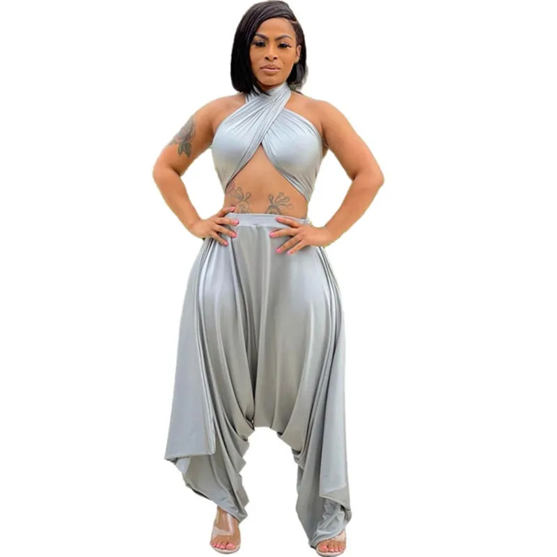 

WUHE Casual Summer 2 Piece Suits Breast Wrap Off Shoulder Lace Up Sleeveless Top and Loose Harem Pants Casual Sports Outfits