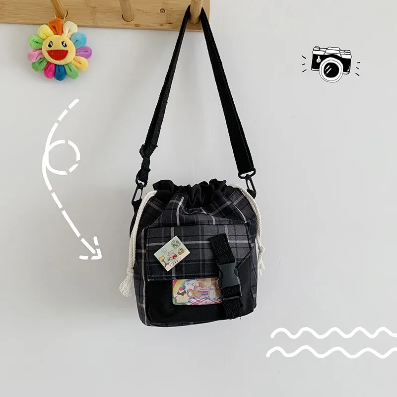 2021 New Children's Bag Japanese Cute Cartoon Lattice Shoulder Bag College Style Canvas Messenger Bag