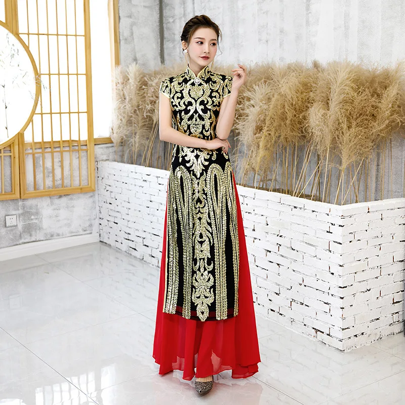 

Chinese Traditional Women Wedding Dress Sequined Mandarin Collar Qipao Gorgeous Novelty Catwalk Cheongsam Plus Size 5XL