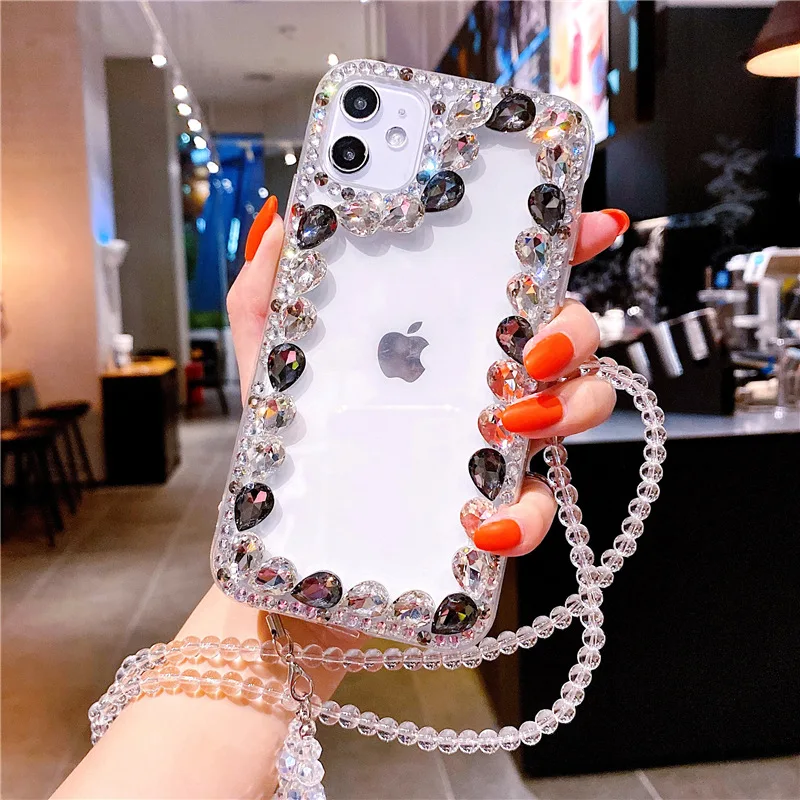 

Fancy Diamond Phone Case For Samsung A72 A71 A52 A51 A42 A32 A91 A81 A70 A50 A30 Side Drill Bead Lanyard Rhinestone Soft Cover