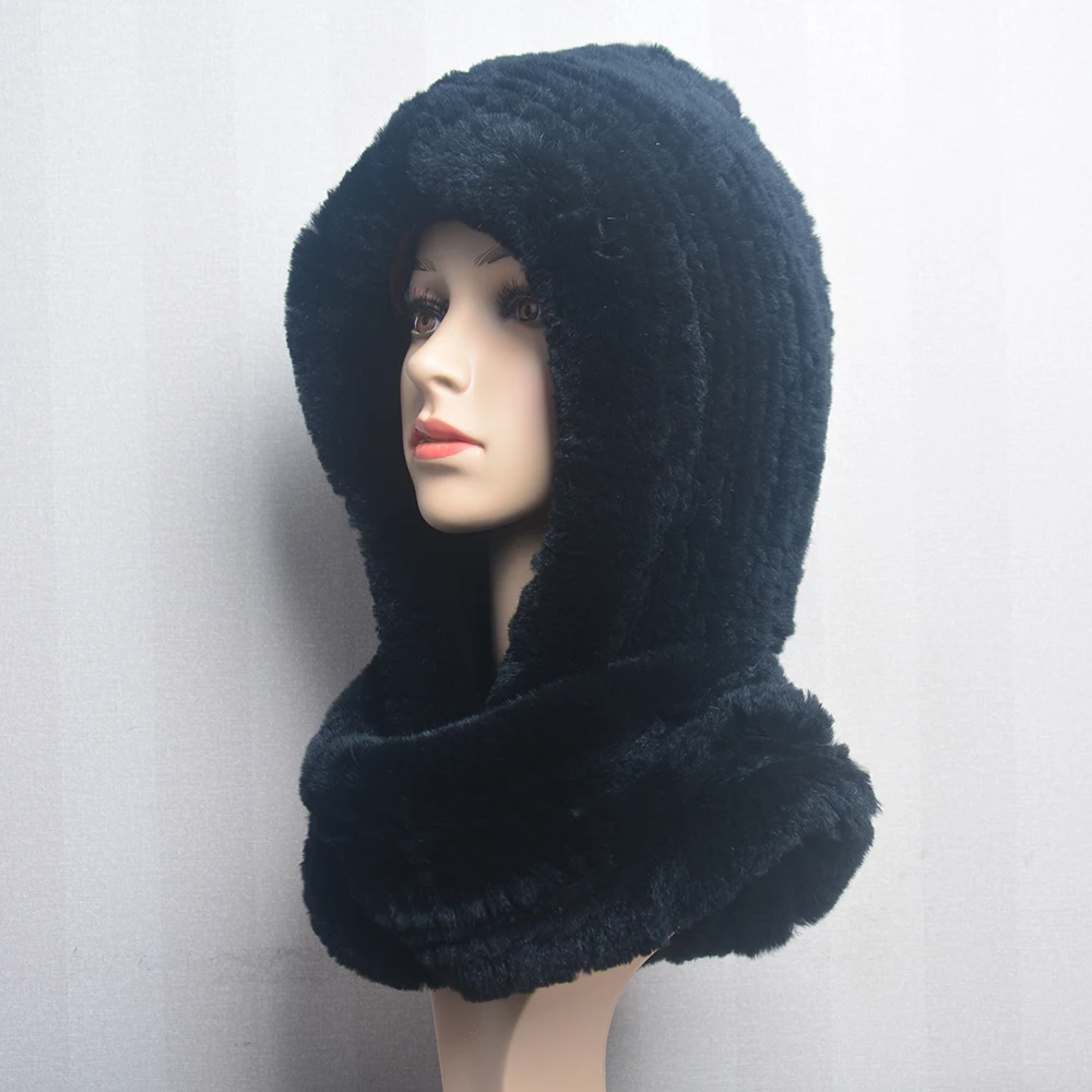 

2021 New Winter Women Real Fur Hat+Scarves Female Knitted Natural Rex Rabbit Fur Hooded Scarves Warm Knit Genuine Fur Caps Scarf