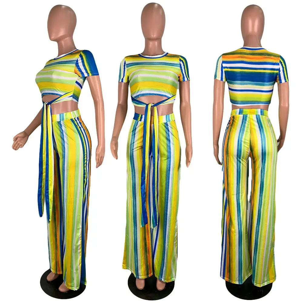 

Casual Striped Women Set Bandage Shirt Crop Top +Long Wide Pants Streetwear Tracksuit Colorful Set Outfit