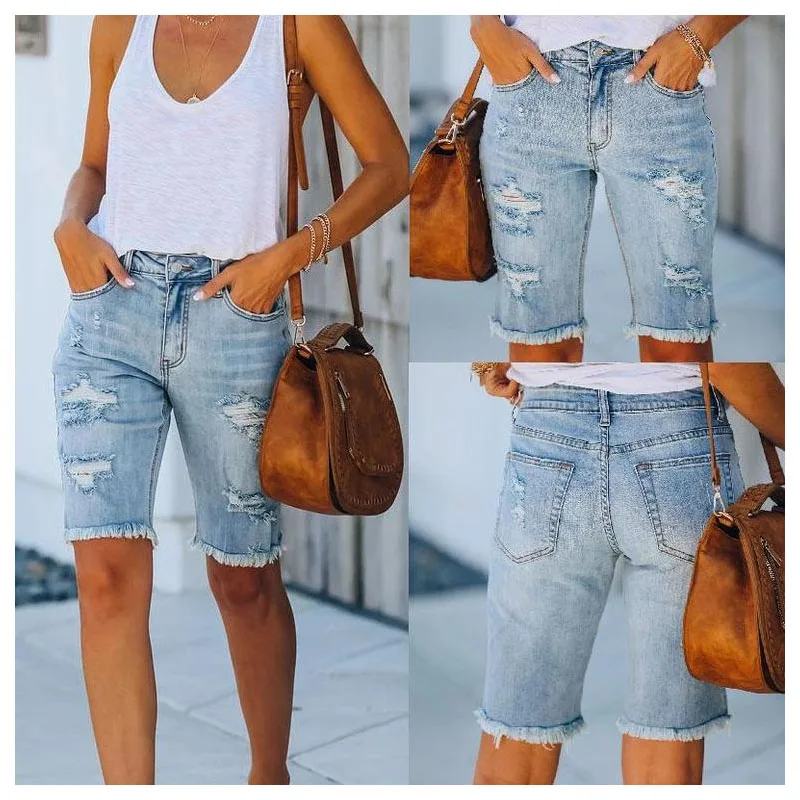 

Slim tassel ripped sexy denim half trousers women fashion casual summer cool cowgirl half trousers high waist plus size sexy hal