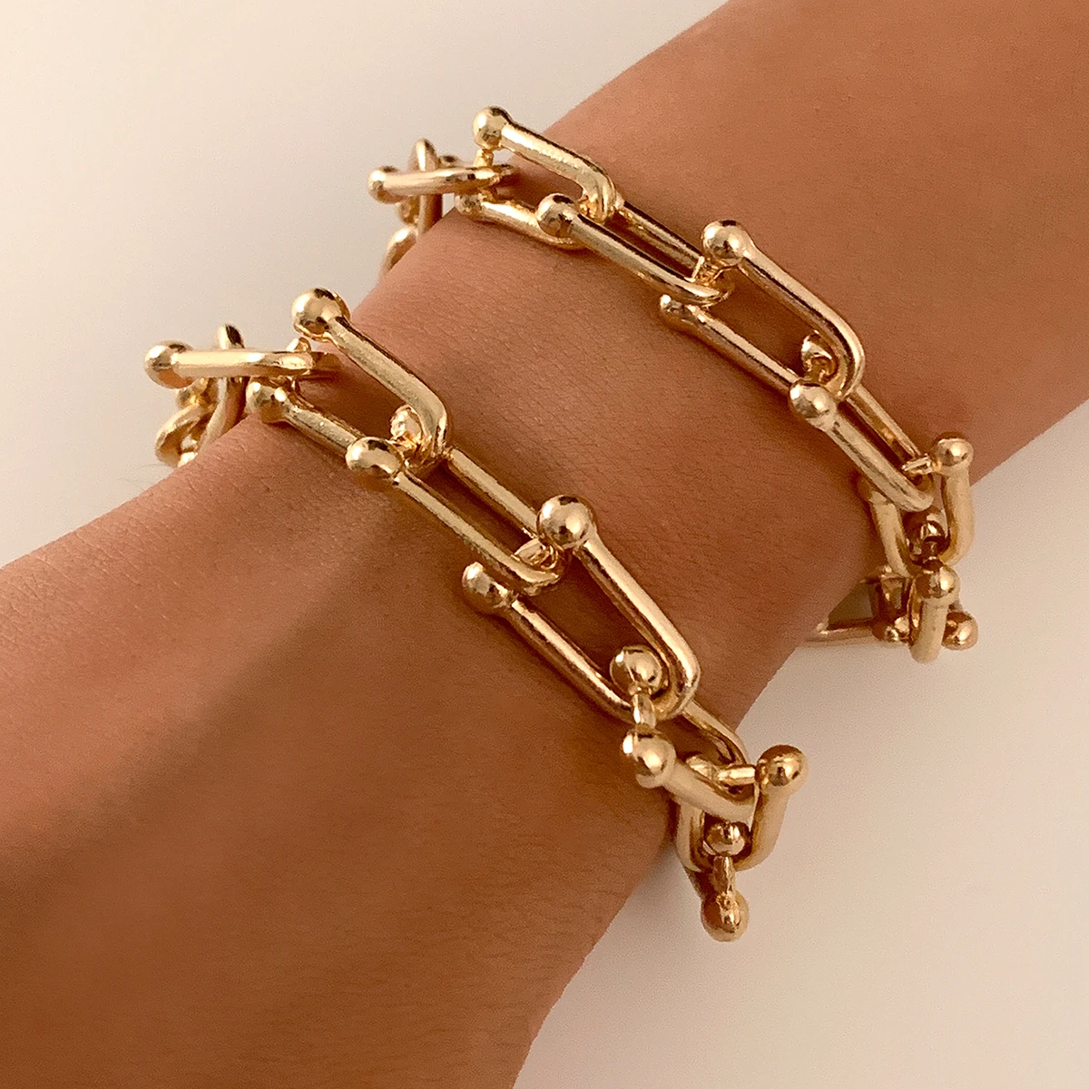 

IngeSight.Z 2Pcs/Set Punk U Shape Link Chain Bracelets Bangles Multi Layered Gold Color Chunky Bracelet for Women Retro Jewelry