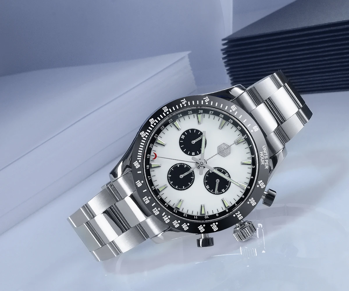 Lugyou San Martin Quartz Watch Men Chronograph Timepiece Sun ray Metal Band Sub Dials Pusher Sapphire 100m Water Resistant Glow