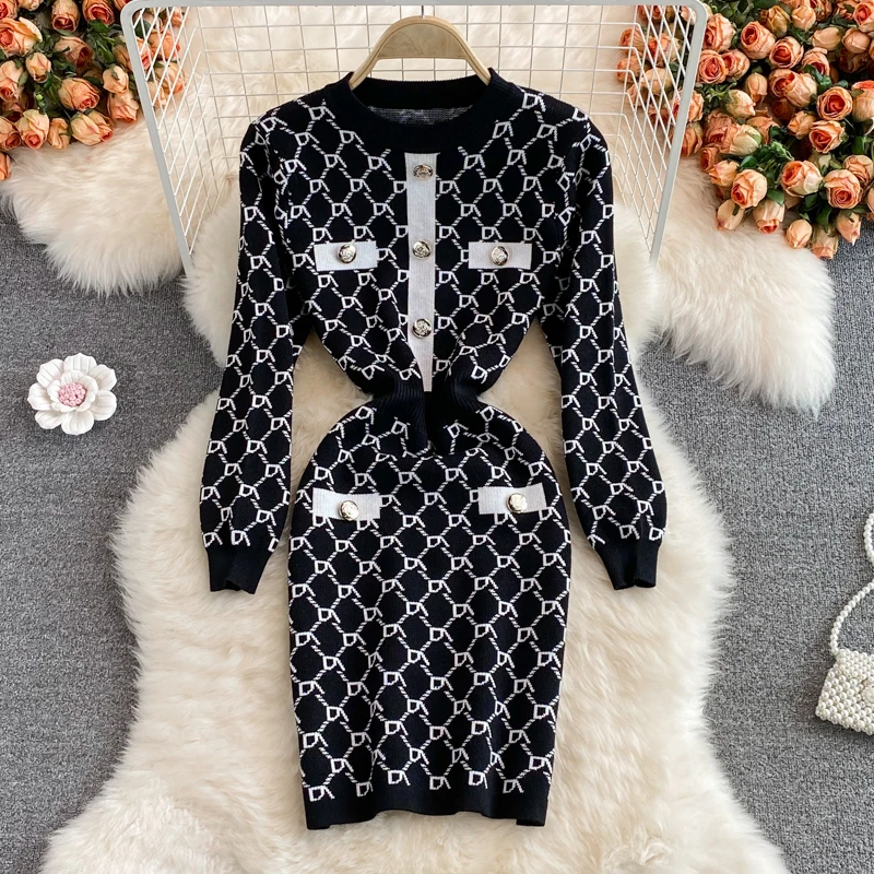 

Amolapha осень-весна, женское классическое вязаное платье в клетку с пуговицами, винтажная женская зимняя вязаная одежда выше колена