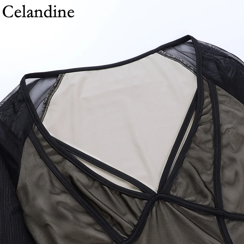 

Celandine Spring Summer Black Sexy Mesh Transparent Bodysuit Women V Neck Long Sleeve Bodysuits Party Casual Body Tops 2021