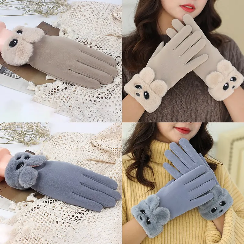 

Autumn Winter Women Gloves Plus Velvet Cute Bear Furry Mittens Touch Screen Suede Mitts Female Cold Protection Gloves