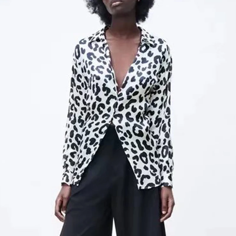 

Женская драпированная рубашка с леопардовым принтом, винтажная однобортная рубашка с длинным рукавом и отложным воротником, весна 2022