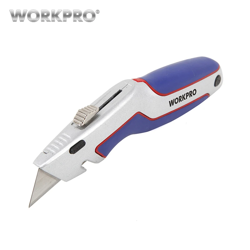 WORKPRO хозяйственный нож с выдвижным лезвием быстросменный алюминиевый сплав с 3 дополнительными лезвиями с функцией реза веревки - Цвет: W013008AE