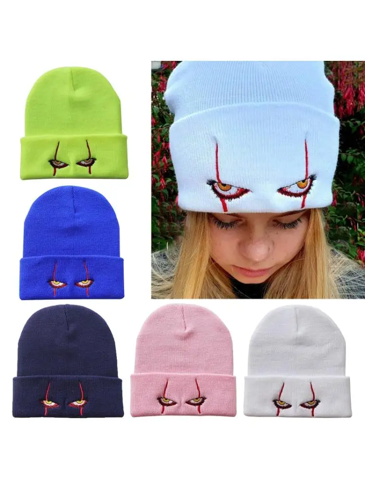 

Unisex Winter Knitted Beanie Hat Scary Clown Eyes Embroidery Hip Hop Cuffed Skull Cap Halloween Cosplay Party Headpiece