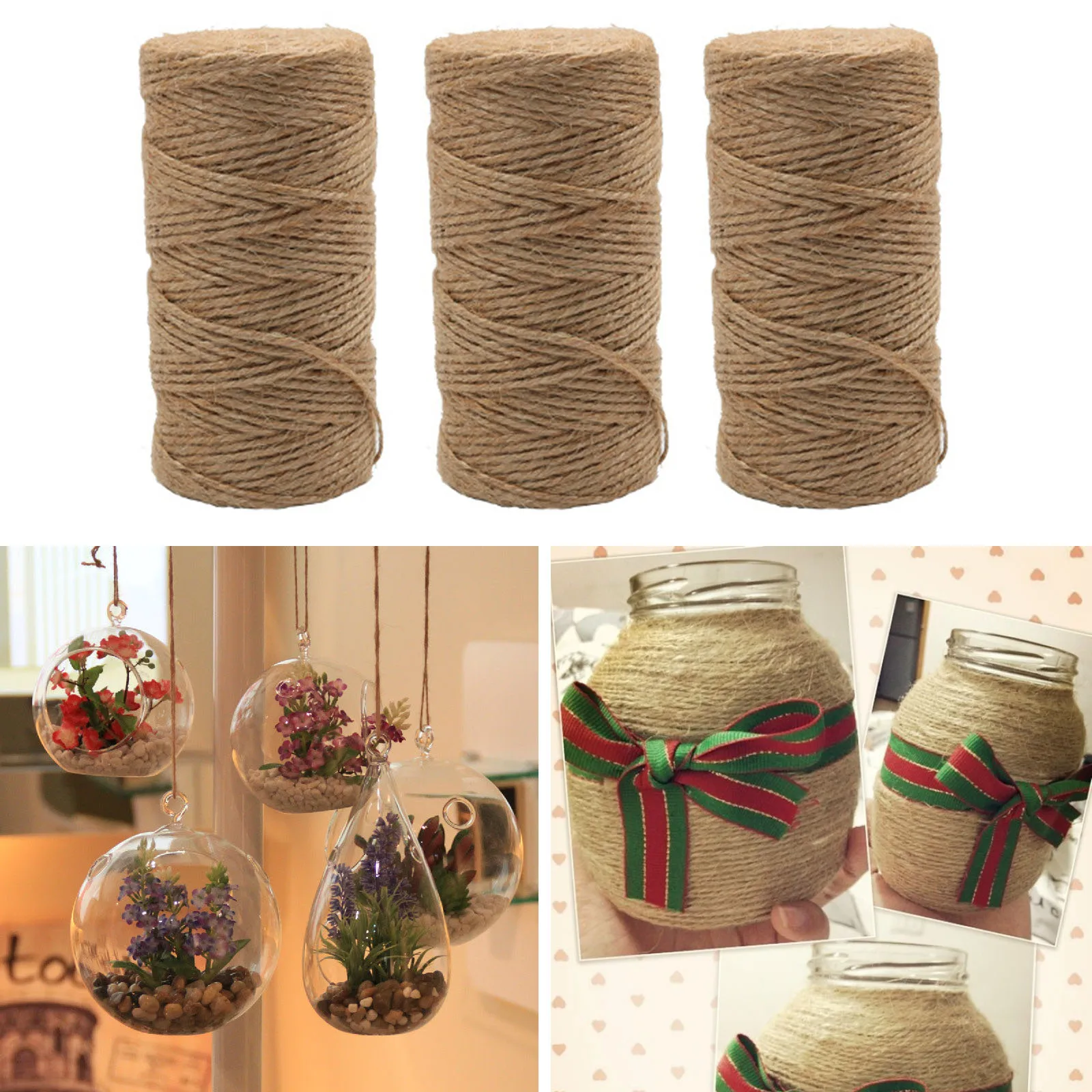 

3 Rolls 100m Natural Jute Hemp Twine String Rope for DIY Crafts Gift Wrapping Photo Hanging Festive Home Gardening Decorations