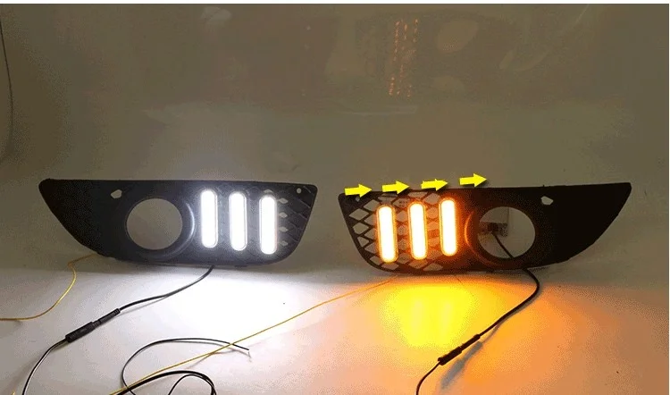 eOsuns led drl daytime running light +fog lamp for Mitsubishi Lancer-ex 2010-2012 with yellow turn signals and blue night |