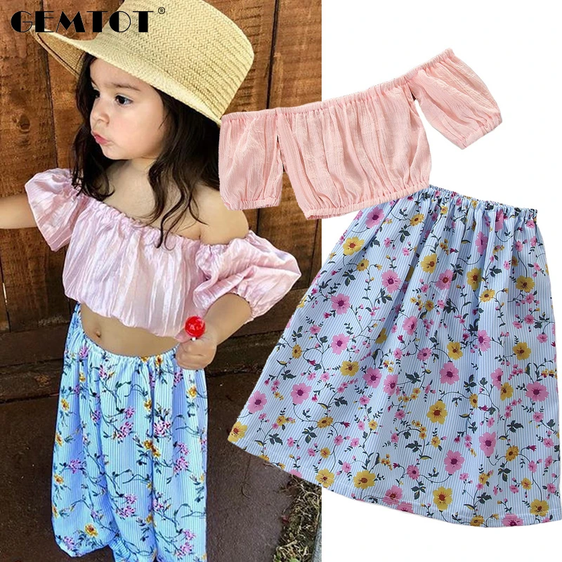 

Girls Suit Pink One-shoulder Top Floral Flower Skirt Children's Wear Set Ins Suit For Girls Kid Clothes