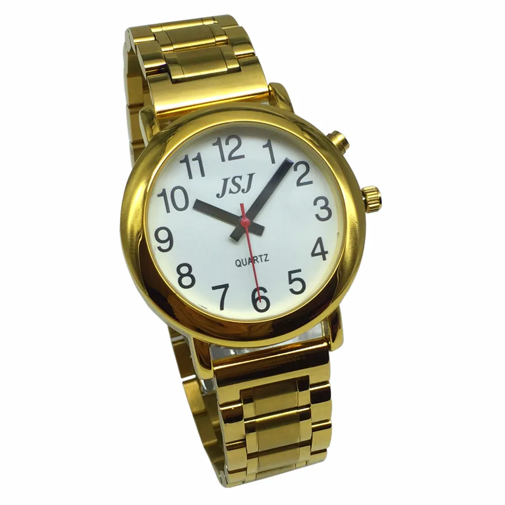 

French Talking Watch with Alarm Function, Talking Date and time, White Dial, Folding Clasp, Golden Case TAF-508