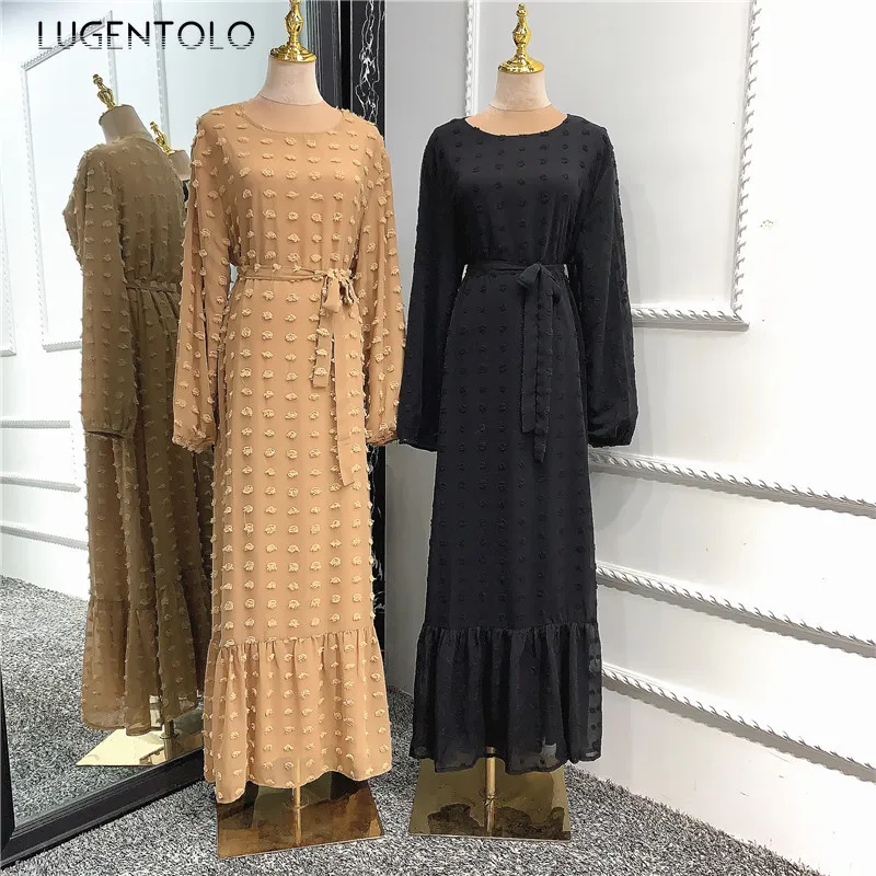 

Lugentolo New Arab Women's Chiffon Dress Jacquard Fashion Muslim Long Sleeve Dress Loose Solid Big Swing Lady Elegant Dresses