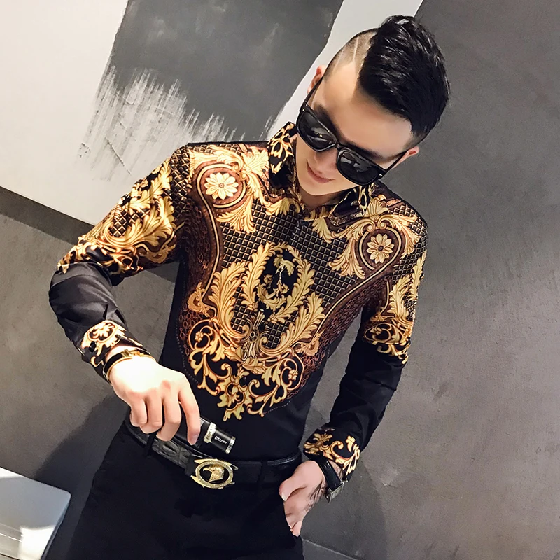 Luxury Paisley Black Gold Printed Shirt Men's Royal Club Clothing Korean Men's Long Sleeve Slim Long Sleeve Shirt Tuxedo Shirt
