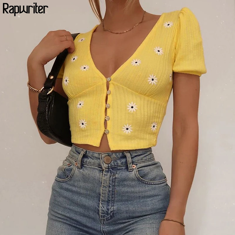 

Женский винтажный укороченный топ Rapwriter с цветочной вышивкой, V-образным вырезом, пуговицами, коротким рукавом, Сексуальная футболка, летний...