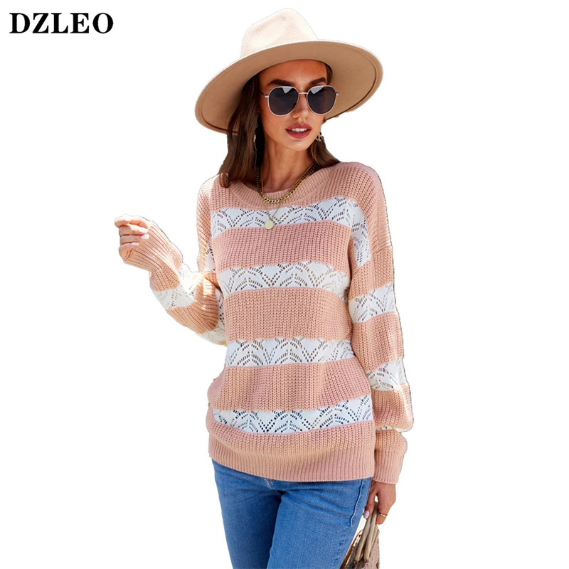 

Женский свободный полосатый свитер Dzleo, вязаный пуловер с длинным рукавом и круглым вырезом, топы, зимние женские джемперы черного и белого ...