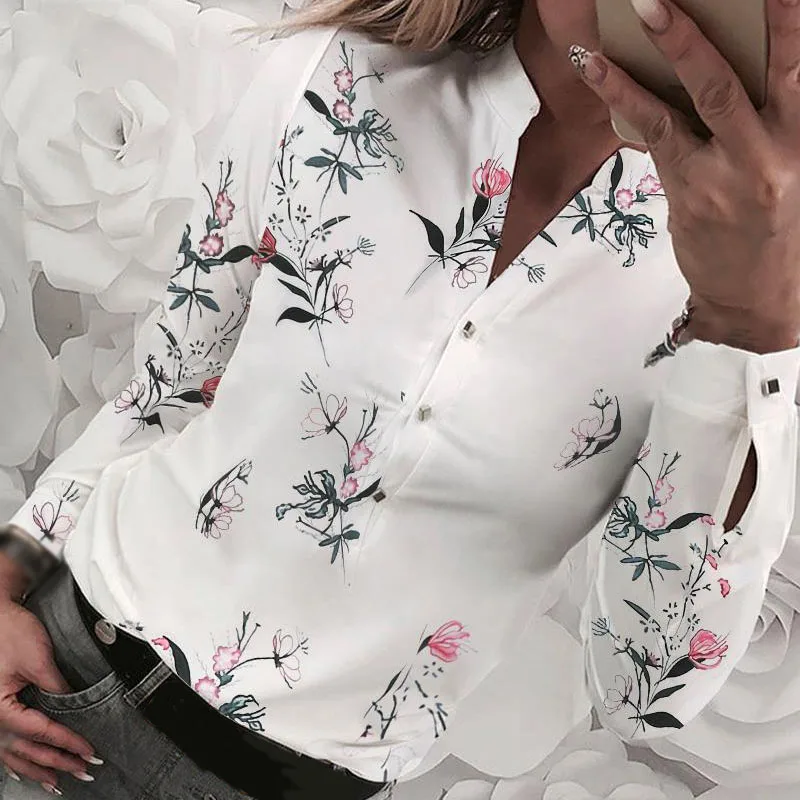 Womens Tops Ladies Blouse Business Lapel Collar Fashion V Neck Formal Slim Floral Plus Size |