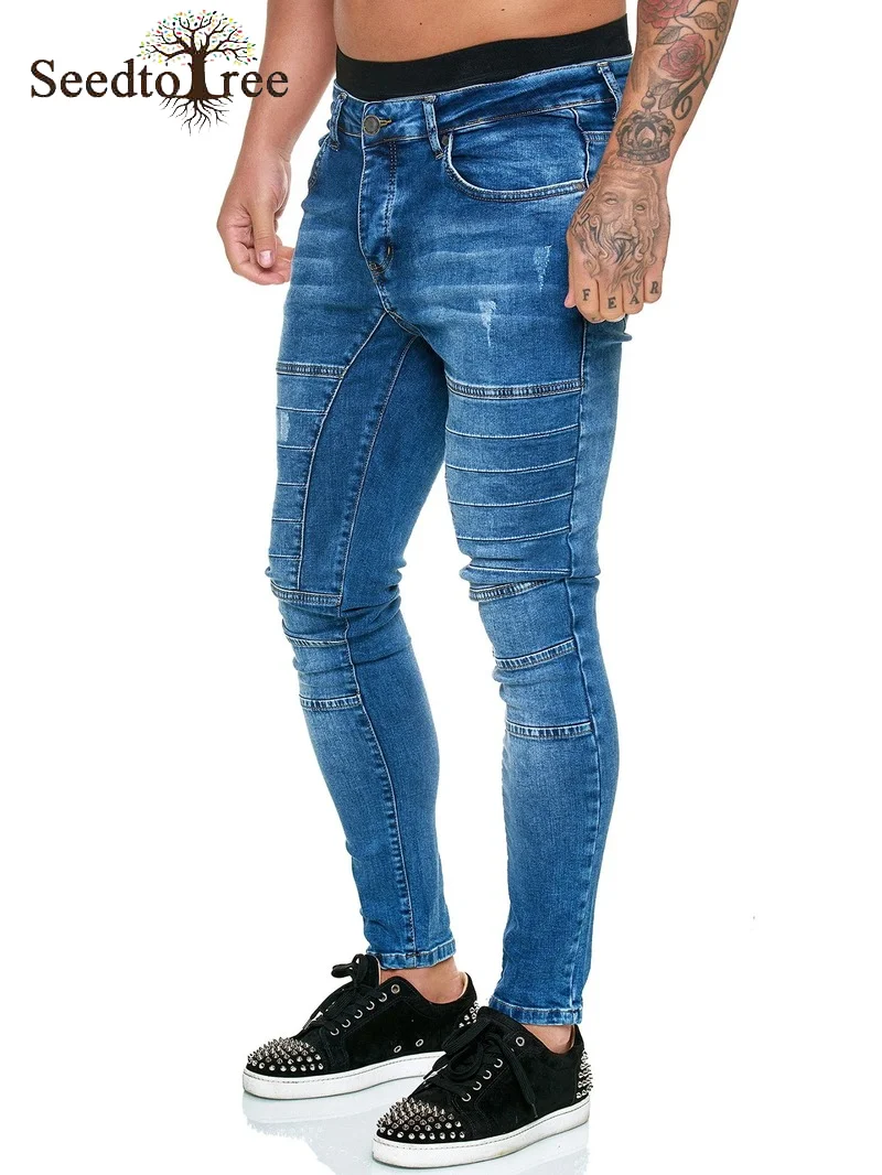 Pleated Solid Color Casual Men's Jeans Small Feet Slim Denim Trousers