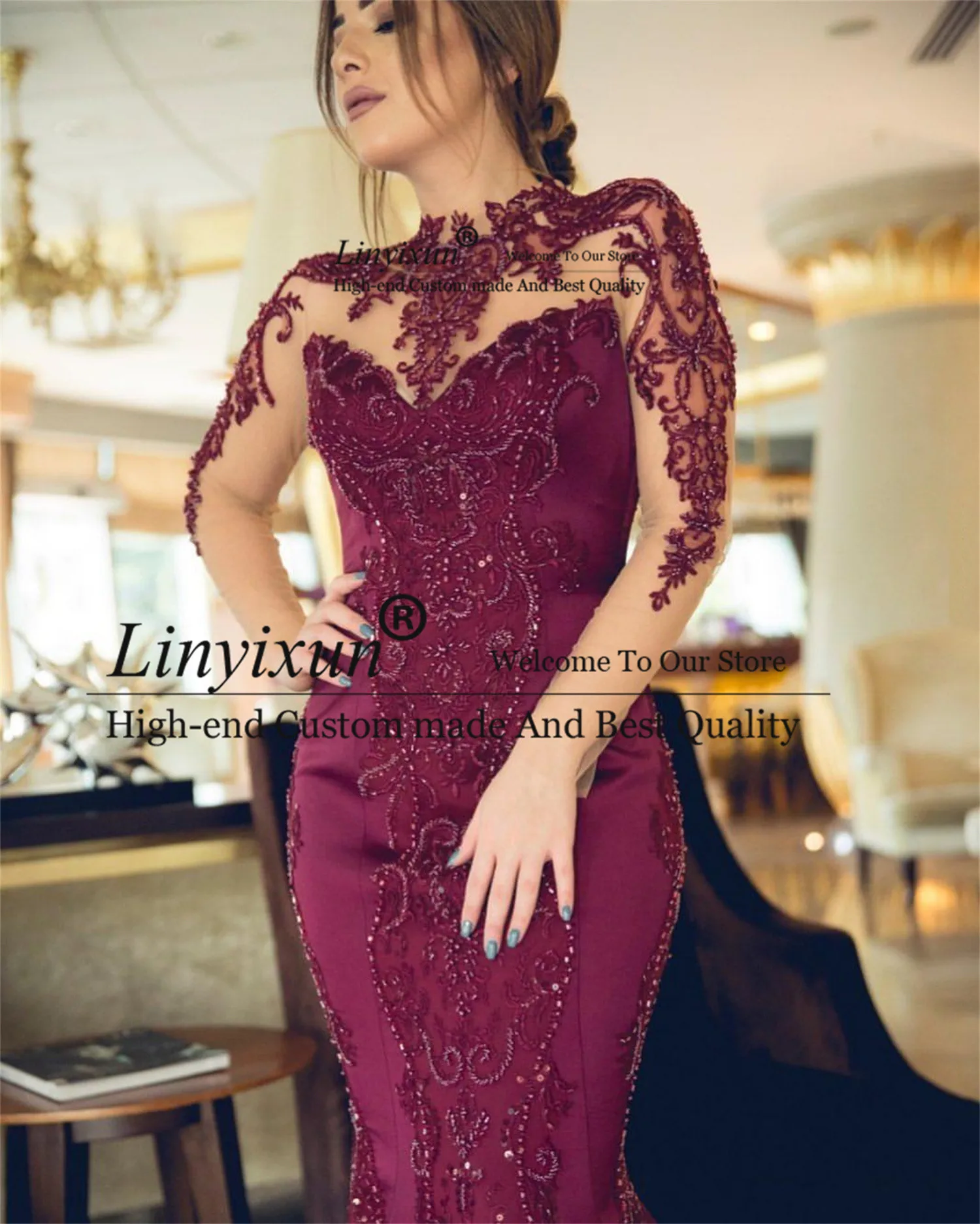 

Arabic Mermaid Prom Dresses Appliques Lace Beaded Scoop Neck Fromal Evening Party Gowns Illusion Long Sleeves Robes de soirée