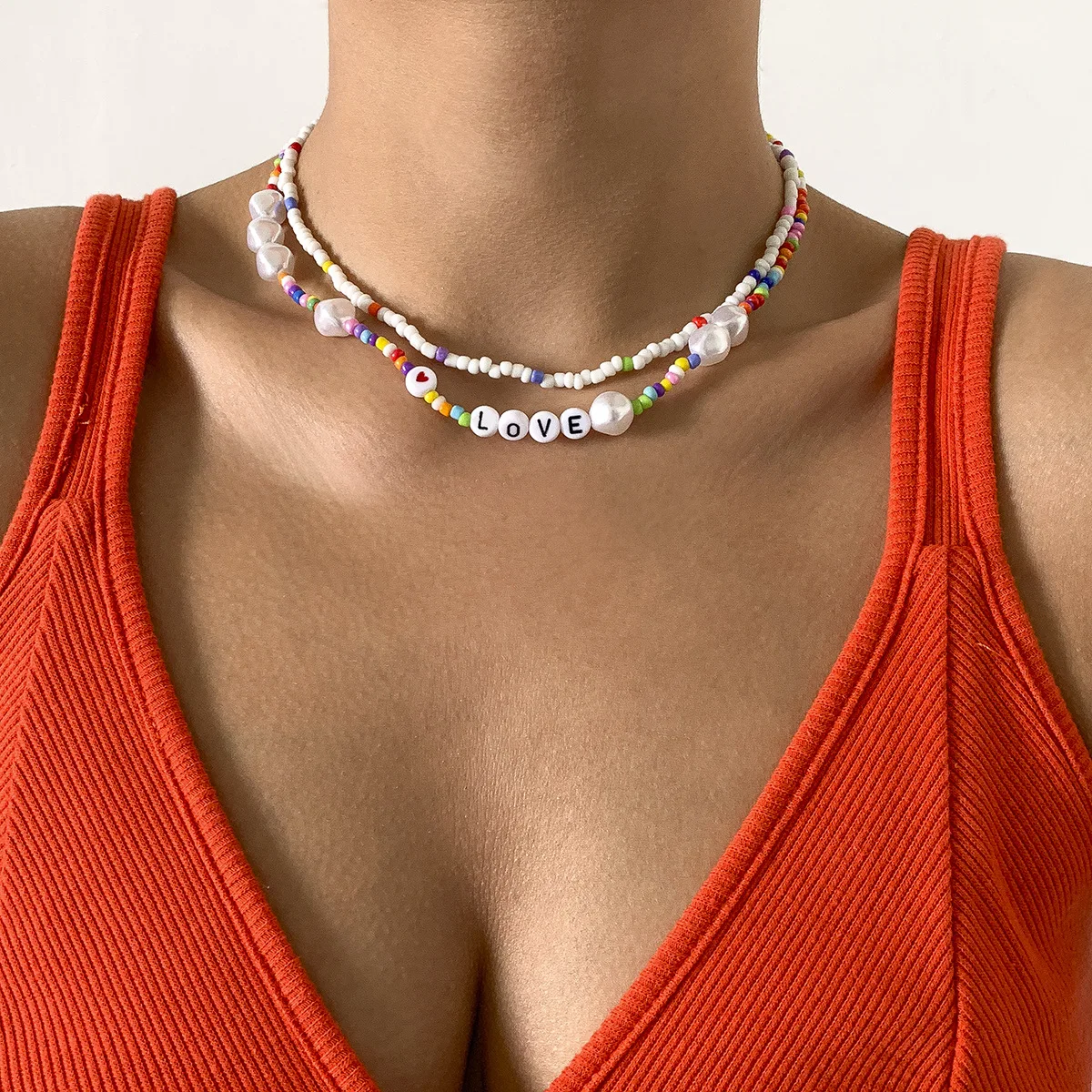 

Bohemian Imitation Baroque Pearl Choker Necklace Colorful Beads Love Letter Multilayer Chain Necklace For Women Fashion Jewelry