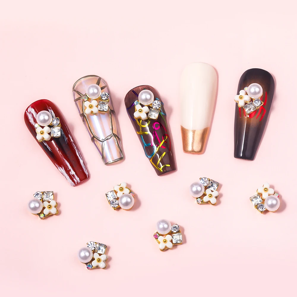 

10pc Nail Art Alloy AB Rhinestone 3D Imitation Pearl Flower Creative Jewelry Golden Flat Back Metal DIY Nail Art Accessories Hot