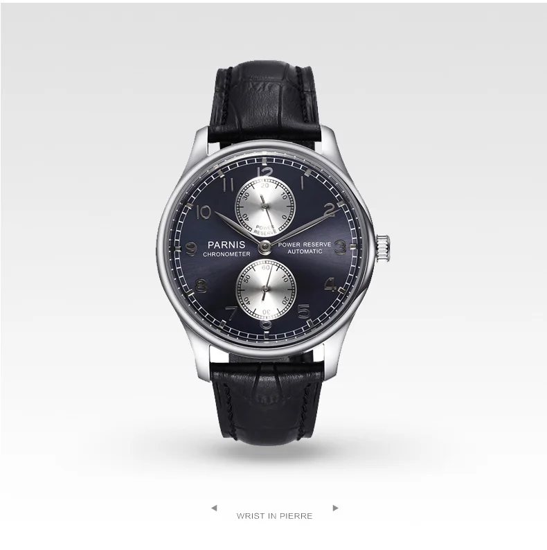 Parnis 43mm Silver Case Automatic Mechanical Men's Watch Power Reserve Black Leather Strap Men Watches heren horloge Luxury